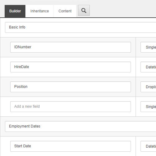 The Template Builder showing fields from the Employee template.